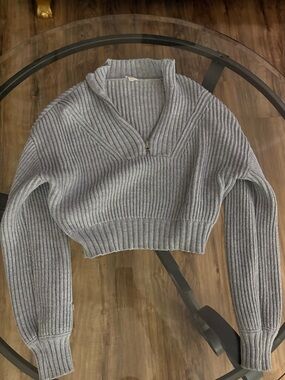 Garage Gray Cropped Ribbed Half-Zip Turtleneck Sweater